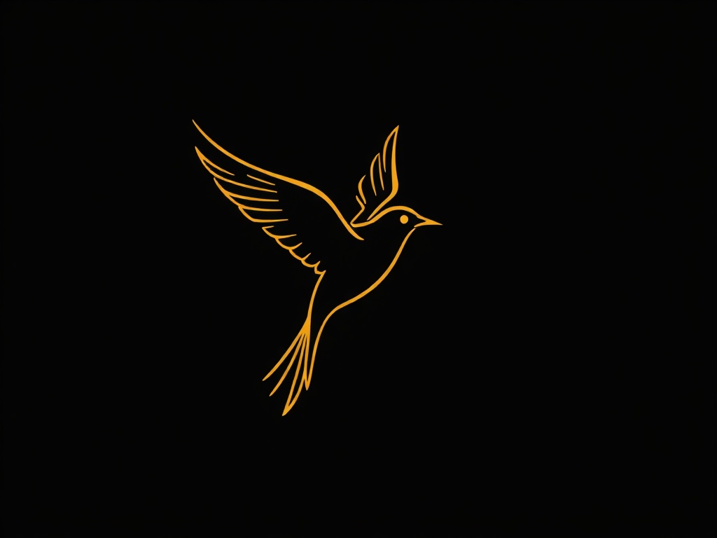Minimalist golden line art of a stylized bird in flight, isolated on dark background, photorealistic, 8k.